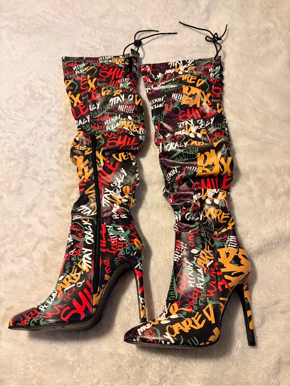 Statement Graffiti-Print Knee-High Stiletto Boots - Multicolor